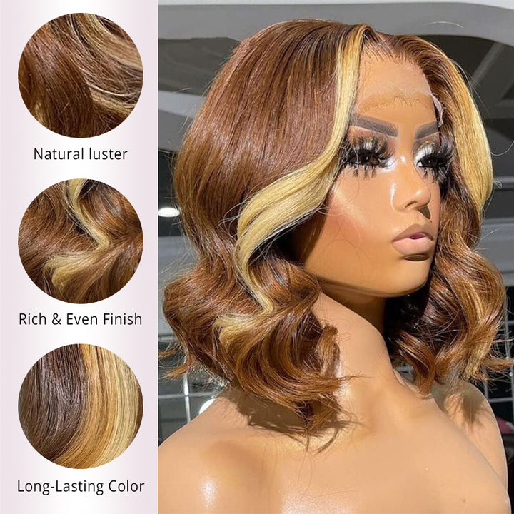 Brown With Blonde Highlight Body Wave Lace Front Wigs Human Hair 200% Density Short Wigs for Black Women - AlloveHair