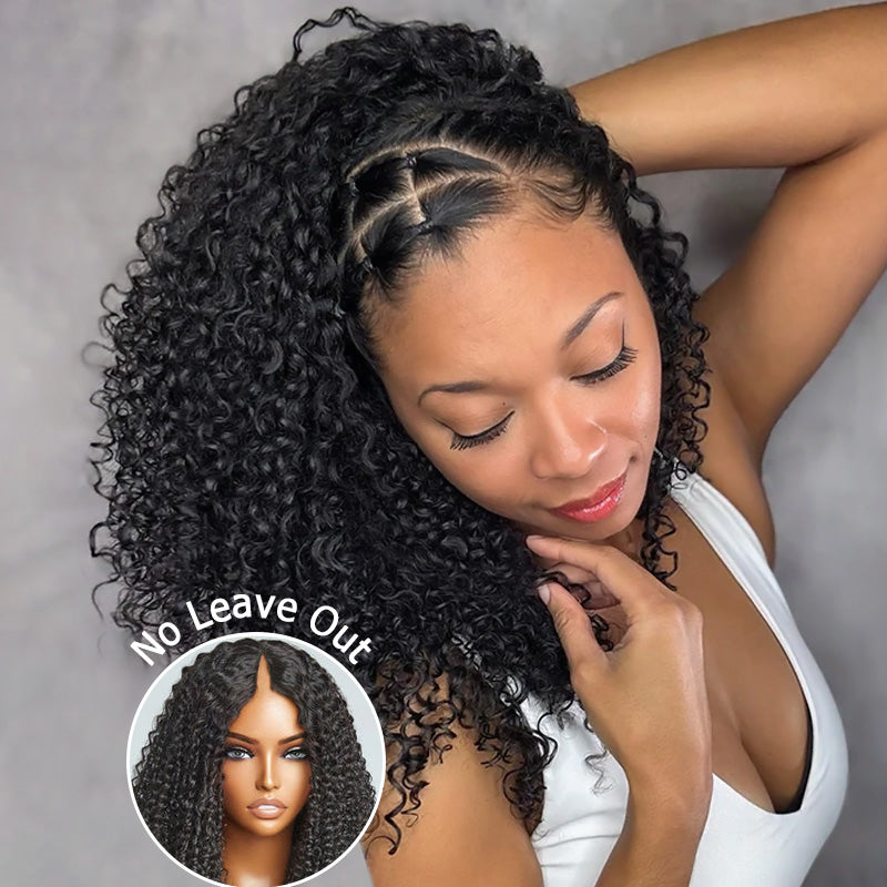 Kinky Curly V Part Wig with Elastic Band No Leave Out Glueless Wear for Beginners - AlloveHair