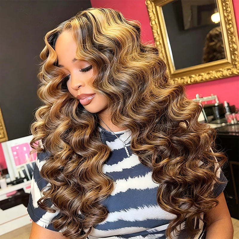 30 Inch Brown Balayage Loose Deep Wave Glueless 13x4 13x6 Lace Front Wig Virgin Human Hair 200% Density Colored Wigs - AlloveHair
