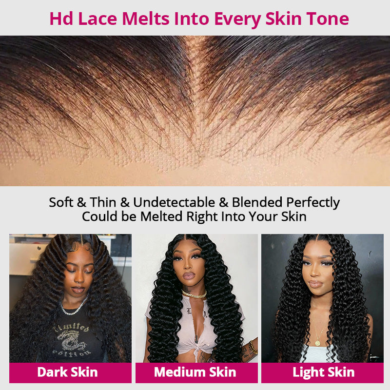 300% Density Deep Wave Wig Pre Bleached Knots Glueless 13x4 HD Lace Front Wig With Elastic Drawstring Wear Go Wig - AlloveHair