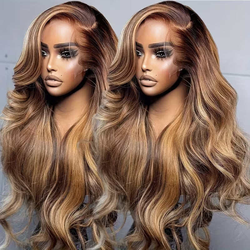 200% Density P4/27 Highlight Brown Colored Human Hair Wigs Skin Melt 13x6 Body Wave HD Lace Front Wigs - AlloveHair