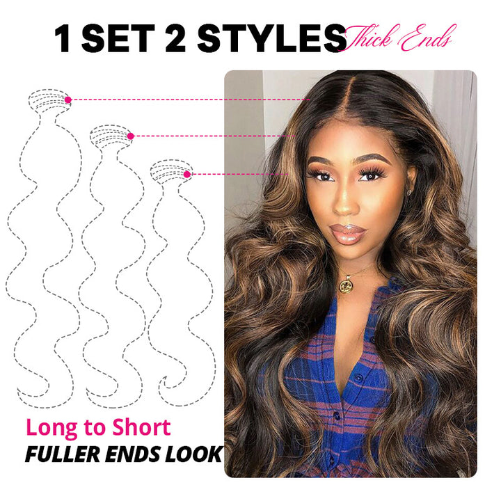 T1B/4/30 Highlight Brown Balayage Body Wave Human Hair 3 Bundles With 2x6 Lace Closure Deep Parting - AlloveHair
