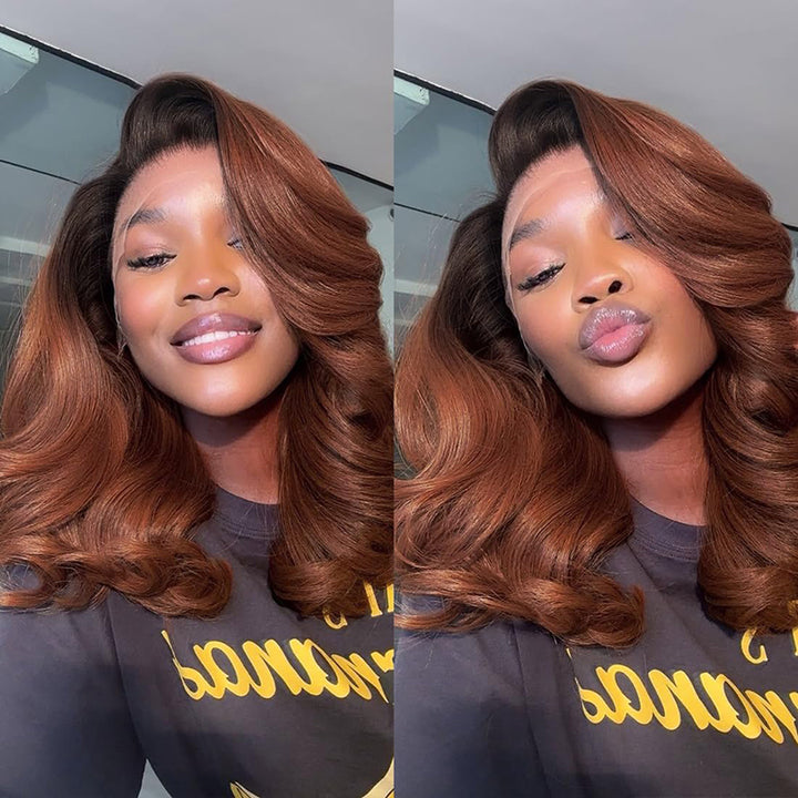 Ombre Brown Short Human Hair Body Wave HD Lace Front Wigs for Women Pre Plucked 200% Density Colored Wigs - AlloveHair