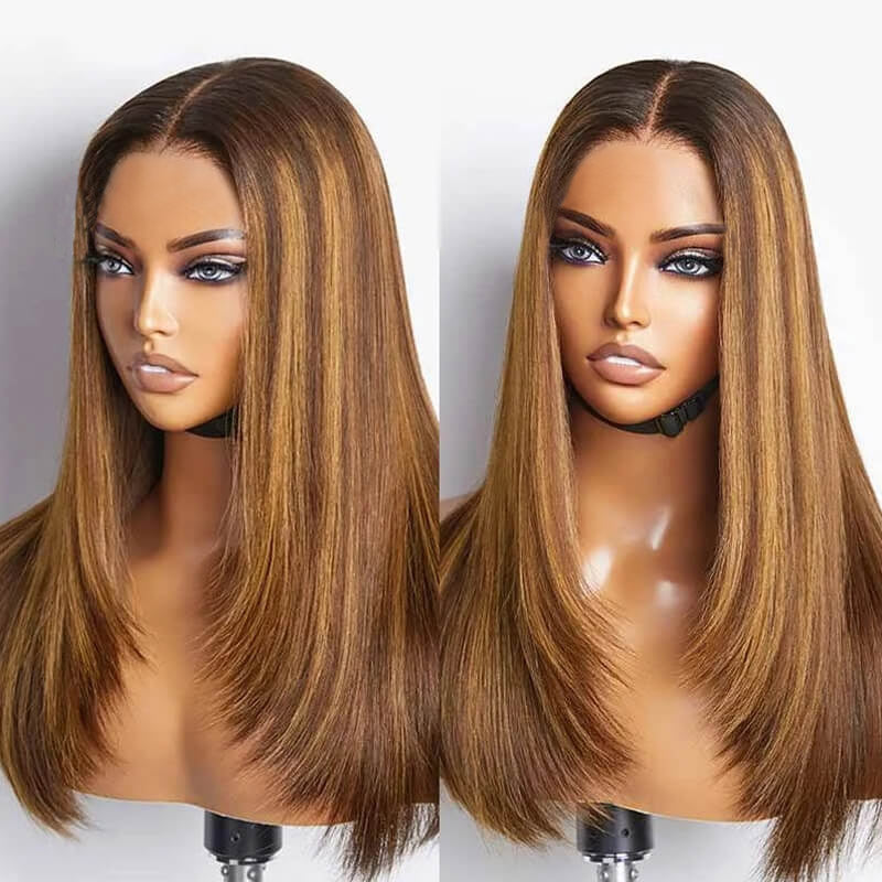 Allove Layered Cut #4/27 Highlight Straight Human Hair Wigs Pre Plucked 13x4 HD Lace Front Wig - AlloveHair