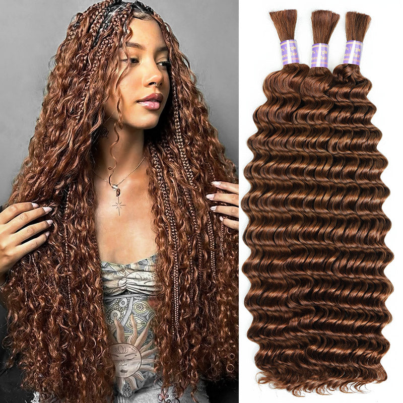 #30 Light Brown Bulk Human Hair For Braiding No Weft Deep Wave Human Hair Bundles For Black Women - AlloveHair
