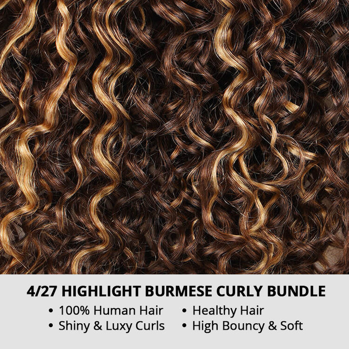 4/27 Highlight Burmese Curly Hair Bundles 100% Human Hair Extension for Sew in - AlloveHair