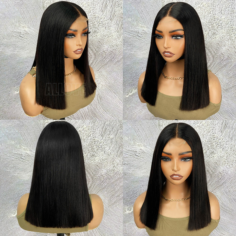 200% Density Silky Blunt Cut Glueless 2x6 Lace Closure Wig Shoulder Length Straight Hair Bob Wig - AlloveHair