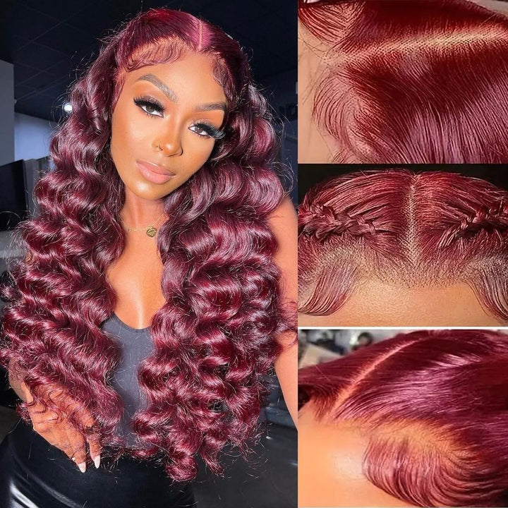32 Inch 200 Density 99J Burgundy 13x6 Lace Front Wigs Loose Deep Wave Ready To Wear Colored Glueless Wigs - AlloveHair