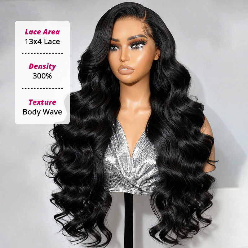 300% Density Body Wave Glueless 13x4 HD Lace Front Wig Human Hair Pre-Cut Lace Flexi-Fit Drawstring Cap - AlloveHair