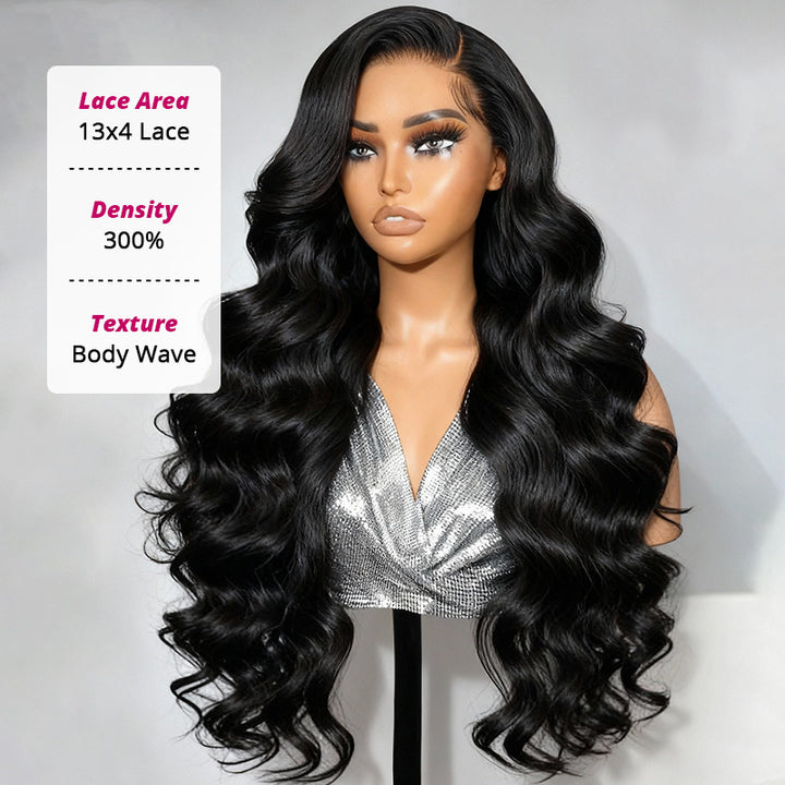 300% Density Body Wave Glueless 13x4 HD Lace Front Wig Human Hair Pre-Cut Lace Flexi-Fit Drawstring Cap - AlloveHair