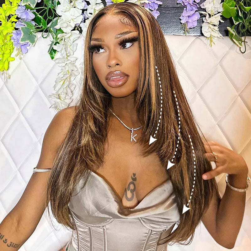Allove Layered Cut #4/27 Highlight Straight Human Hair Wigs Pre Plucked 13x4 HD Lace Front Wig - AlloveHair