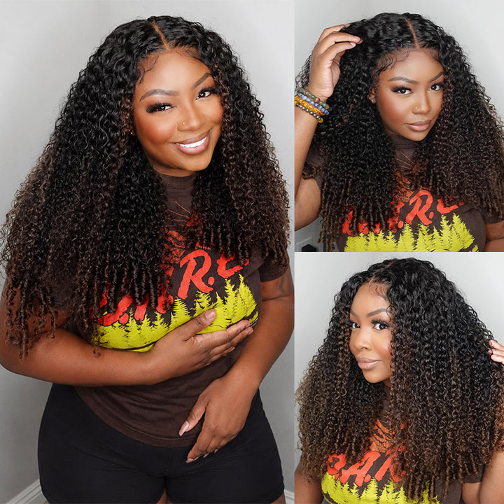 250% Density Black to Chestnut Brown Ombre Burmese Curly Glueless Wig With Finger Coil Ends All Day Comfort 100% Human Hair Wig - AlloveHair