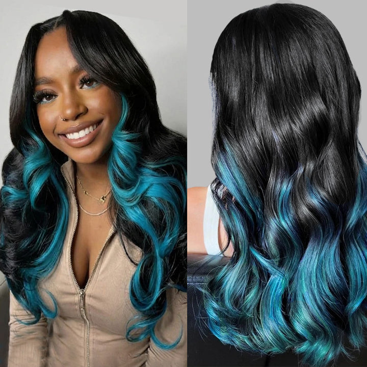 30 Inch 200% Density Peekaboo Black Sky Blue 13x4 13x6 HD Lace Front Wigs Body Wave Human Hair - AlloveHair