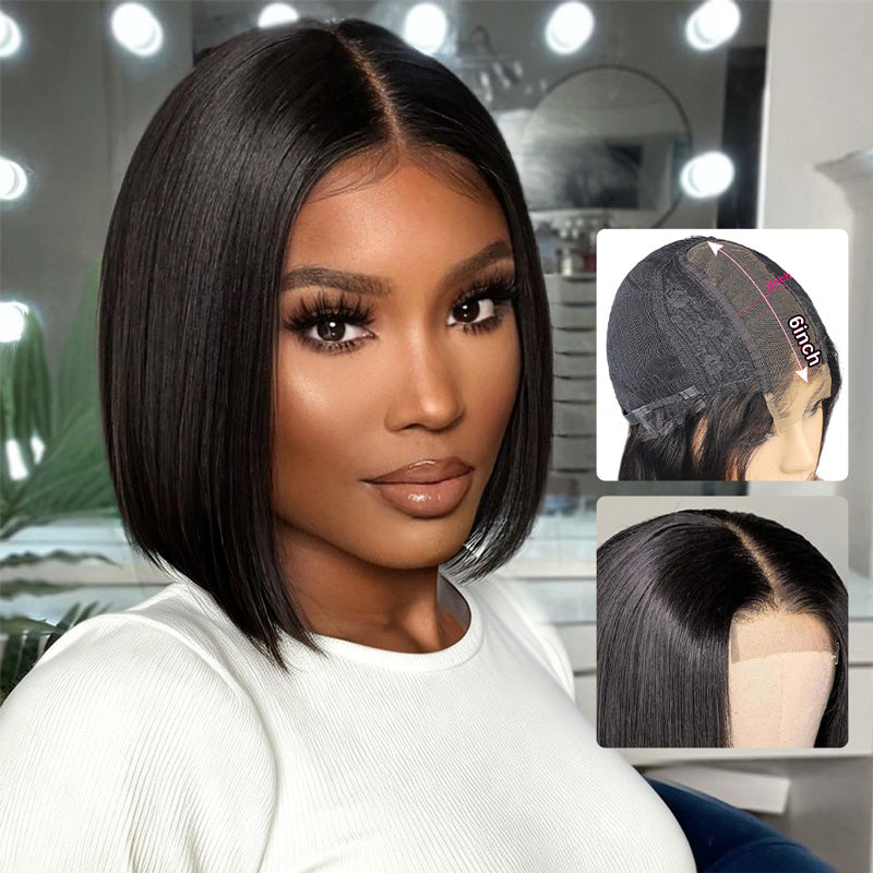 200% Density Silky Blunt Cut Glueless 2x6 Lace Closure Wig Shoulder Length Straight Hair Bob Wig - AlloveHair