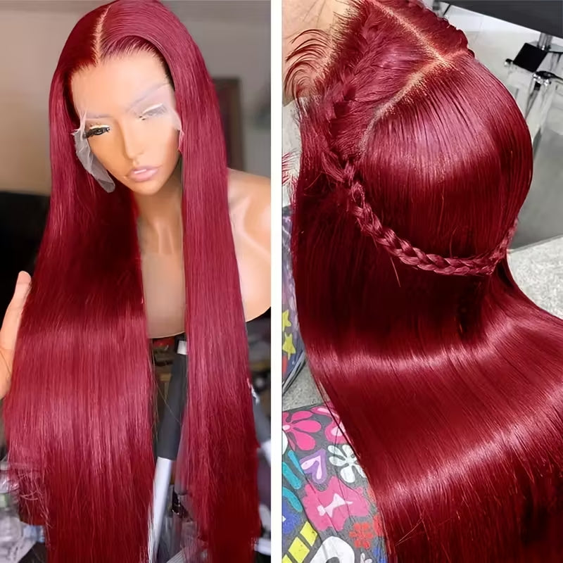 32 Inch 99J Burgundy 13x6 HD Transparent Lace Front Wig Virgin Straight Human Hair - AlloveHair