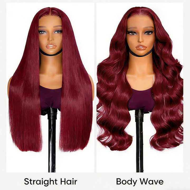 200% Density 99J Burgundy Color Straight And Body Wave 5*5 Glueless Wigs for Beginners Wine Red Wigs - AlloveHair