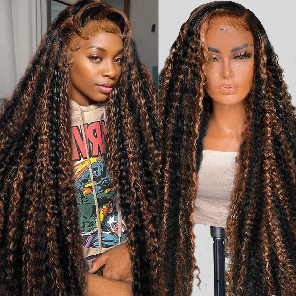 1B/30 Balayage Ombre Brown Deep Wave 13x6 Lace Front Wig with Pre-Plucked Hairline Glueless Wear - AlloveHair