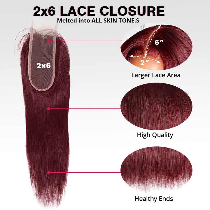 99J Straight Hair Bundles With 2x6 Lace Closure Burgundy Red Colored Human Hair Weave for Sew In - AlloveHair