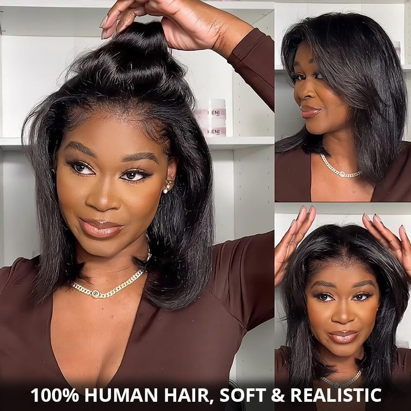 200% Density Yaki Straight Bob Wig 2x6/5x5 Pre-Bleached Natural Looking Glueless Wig Short Hairstyle - AlloveHair