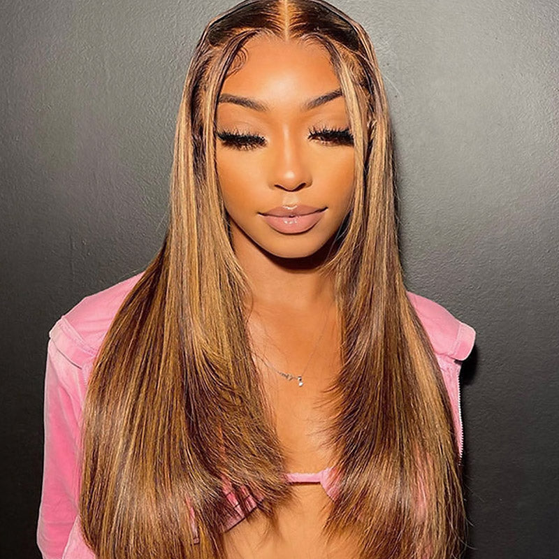 Allove Layered Cut #4/27 Highlight Straight Human Hair Wigs Pre Plucked 13x4 HD Lace Front Wig - AlloveHair