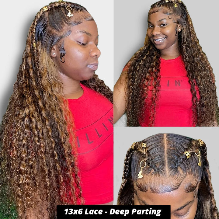 [28'' = $165.99 - No Code Needed] Honey Blonde Highlight 13x6 HD Lace Frontal Wig Virgin Loose Deep Wave Human Hair - AlloveHair