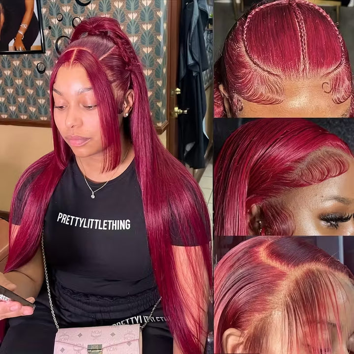 32 Inch 99J Burgundy 13x6 HD Transparent Lace Front Wig Virgin Straight Human Hair - AlloveHair