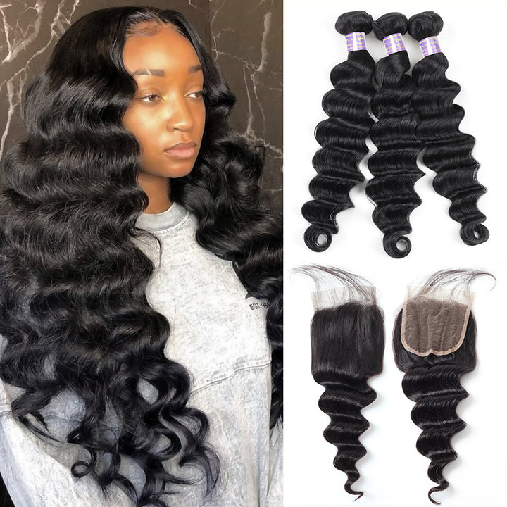 Allove Hair Brazilian Loose Deep Wave Hair 3 Bundles with Transparent 4*4 Lace Closure - AlloveHair
