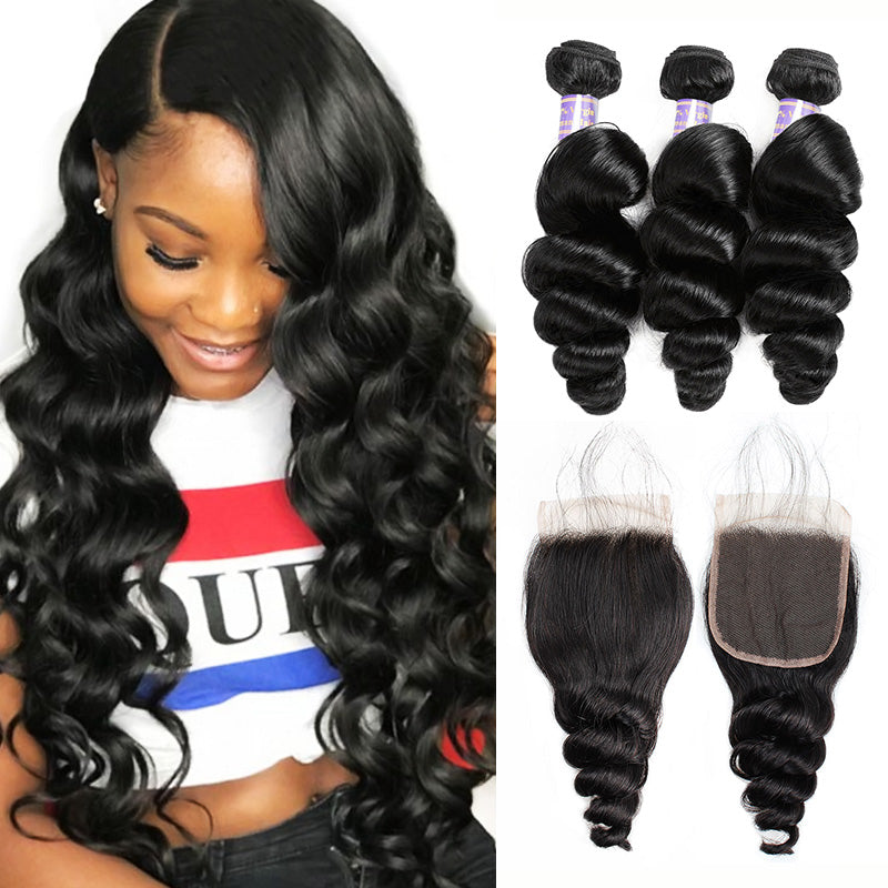 Brazilian Loose Wave Hair 3 Bundles With HD Transparent 4*4 Lace Closure - AlloveHair