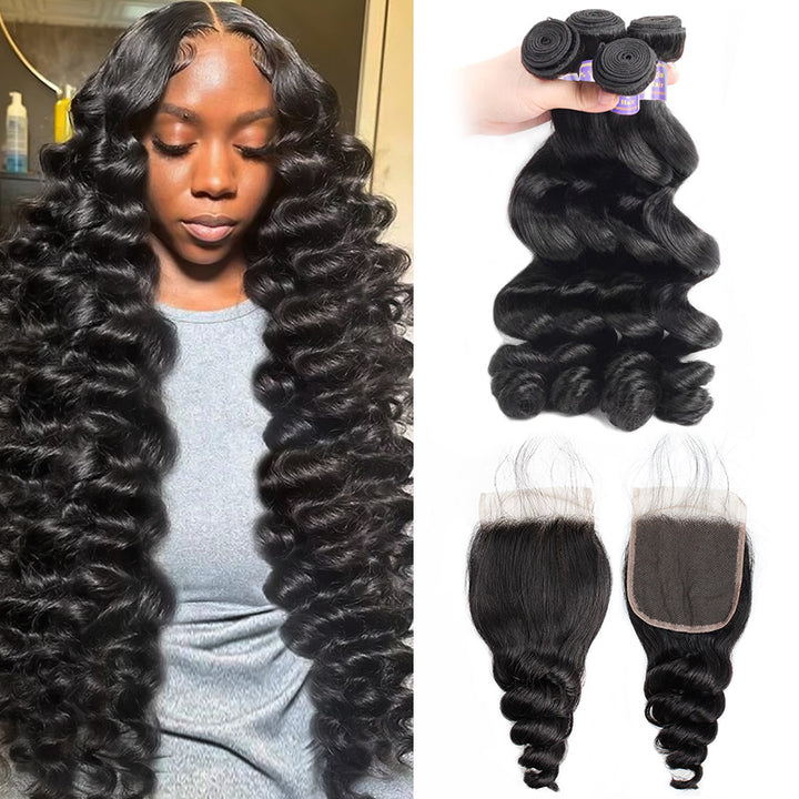 Allove Hair Peruvian Loose Wave Virgin Human Hair 4 Bundles With 4*4 Lace Closure - AlloveHair