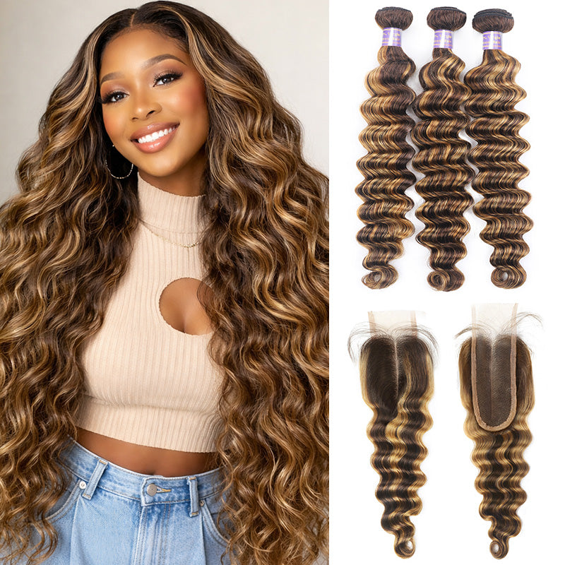 P4 27 Highlight Loose Deep Wave Hair Bundles with 2x6 HD Lace Closure 100% Ombre Human Hair - AlloveHair