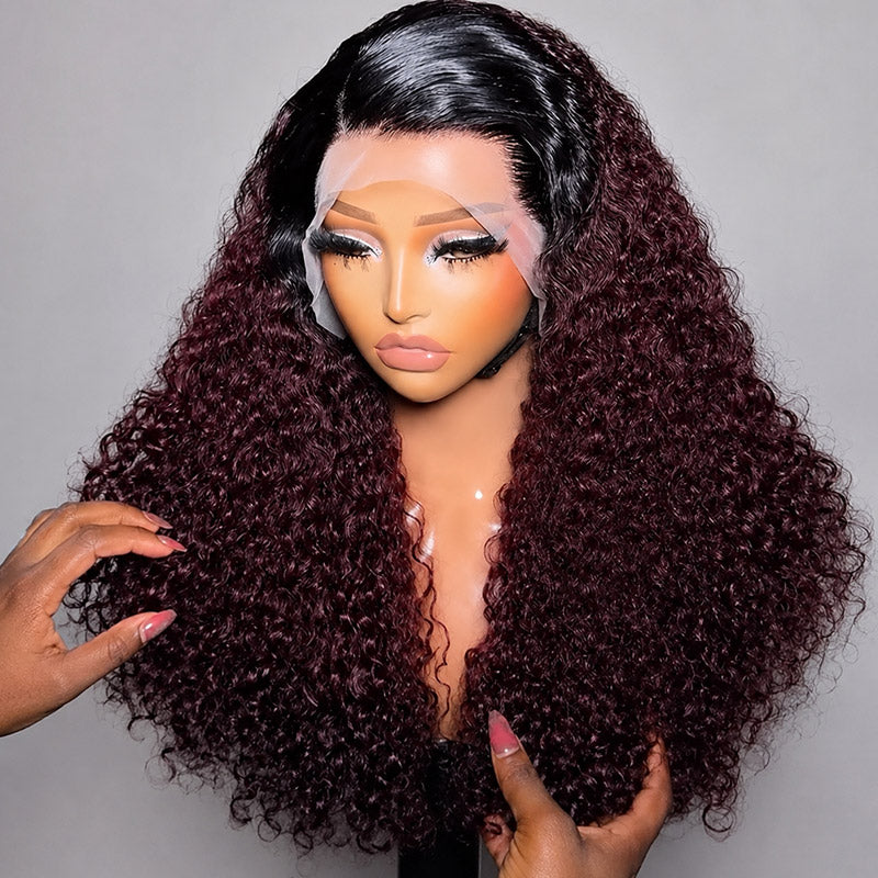 200% Density Ombre 99J Burgundy Curly Wigs Super Double Drawn Virgin Human Hair HD Lace Wigs Salon Quality - AlloveHair