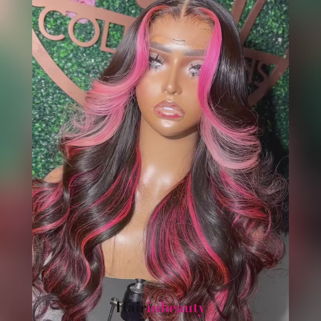 Allove Ombre Highlight 1B With Pink Colored Body Wave Wigs13X4 Full Lace Front Wig Human Hair Pre Plucked With Baby Hair