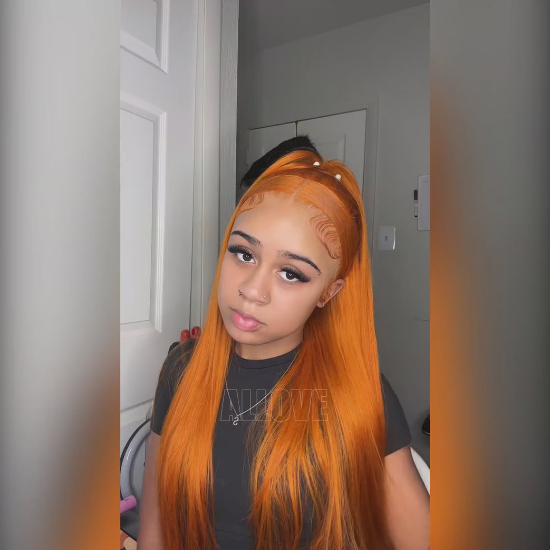 Ginger Color Glueless HD 13x4 Lace Frontal Wigs Brazilian Straight Human Hair Wigs 180% Density