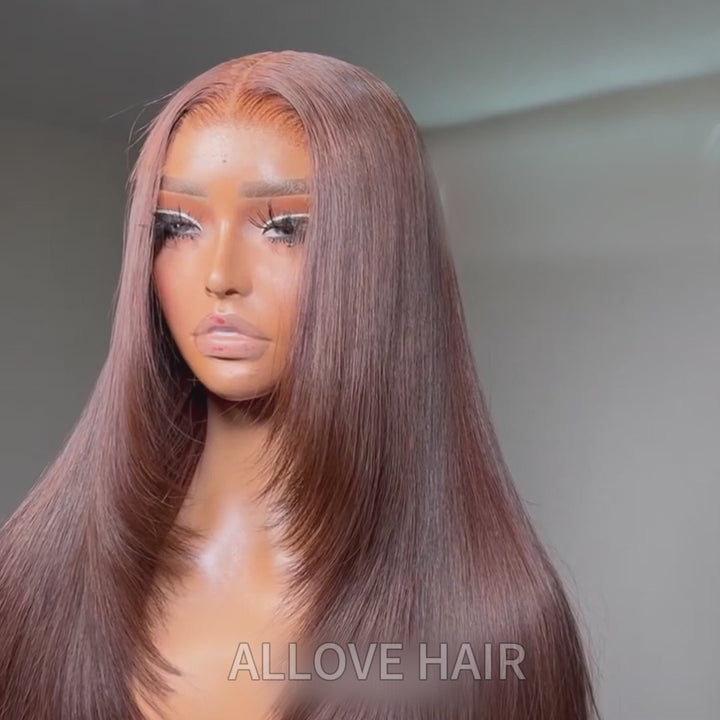 Allove 13x4 Glueless HD Lace Front Wig Chocolate Brown Straight Human Hair with Layered Cut
