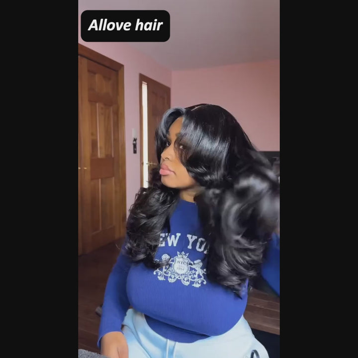 Allove Glueless Wig Human Hair HD Lace Body Wave Wig with Face-Framing Curtain Bangs & Adjustable Band