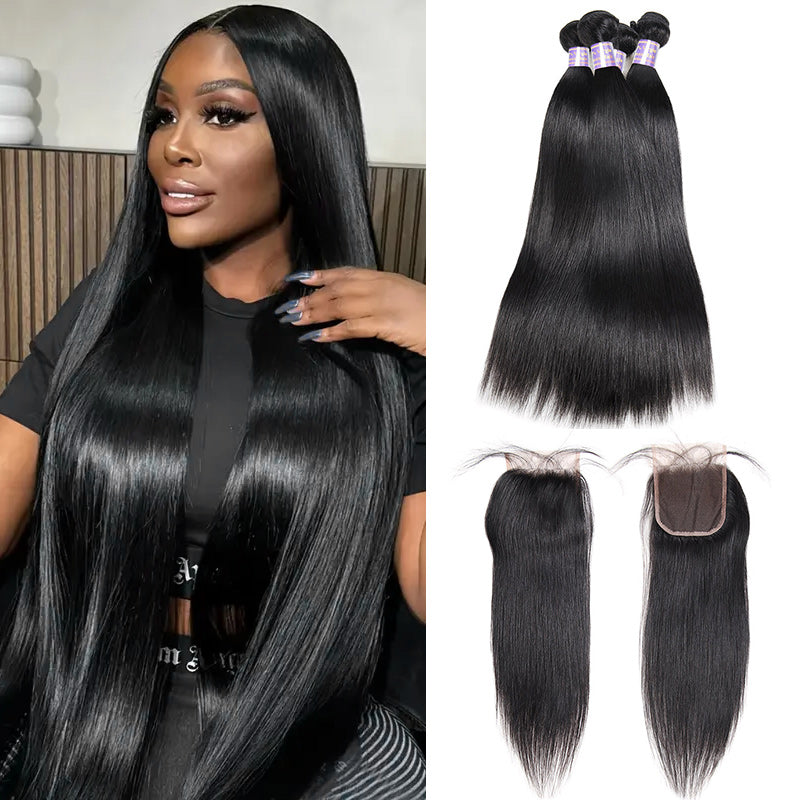 Indian Straight 4 Bundles With 4*4 Lace Closure Virgin Human Hair - AlloveHair