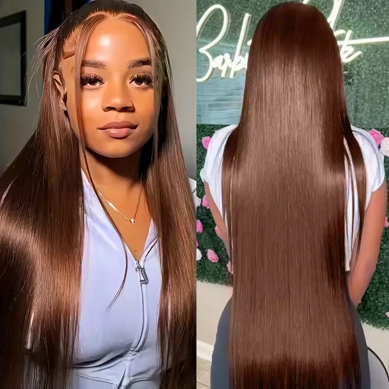 32Inch Wear And Go #4 Chocolate Brown Barbie Colored Straight Human Hair 13x4 HD Glueless Lace Frontal Wig - AlloveHair