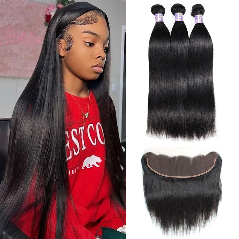 Indian Straight Hair 3 Bundles With 13*4 Lace Frontal Human Hair - AlloveHair