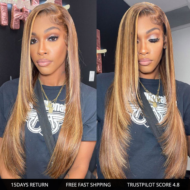 Allove Layered Cut #4/27 Highlight Straight Human Hair Wigs Pre Plucked 13x4 HD Lace Front Wig - AlloveHair