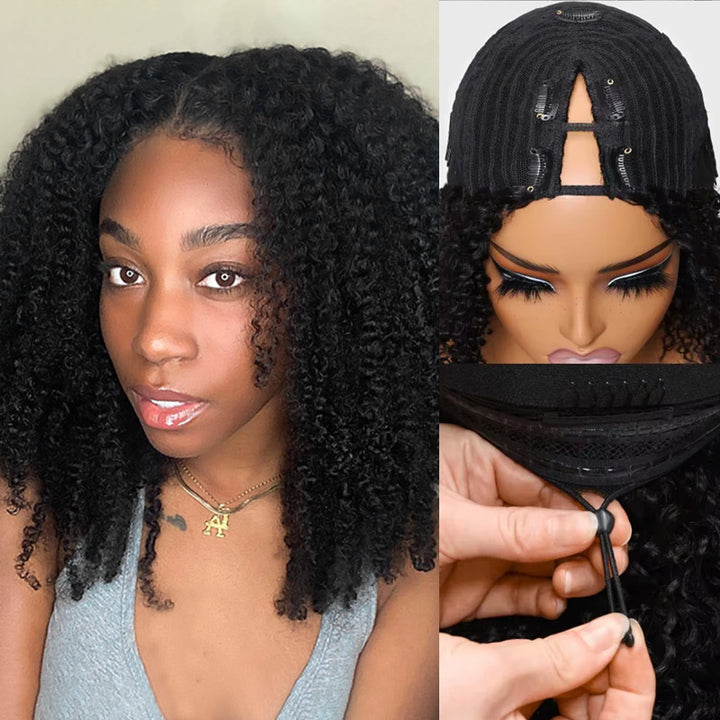 Kinky Curly V Part Wig with Elastic Band No Leave Out Glueless Wear for Beginners - AlloveHair