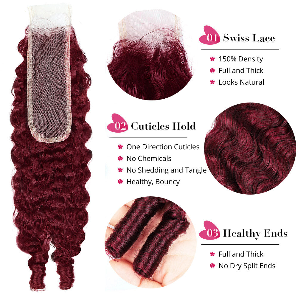 99J Burgundy Burmese Curly Human Hair Bundles with 2x6 Deep Part Lace Closure Virgin Hair Quick Weave - AlloveHair