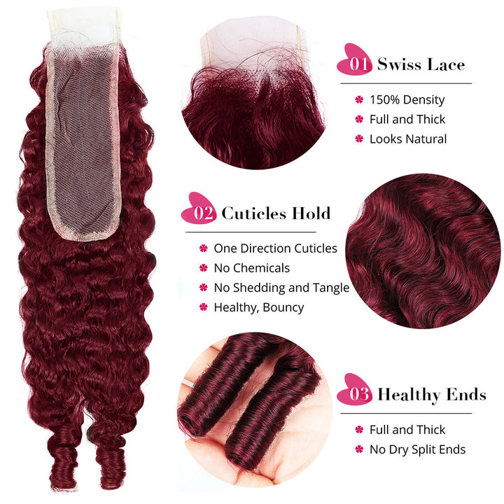 99J Burgundy Burmese Curly Human Hair Bundles with 2x6 Deep Part Lace Closure Virgin Hair Quick Weave - AlloveHair