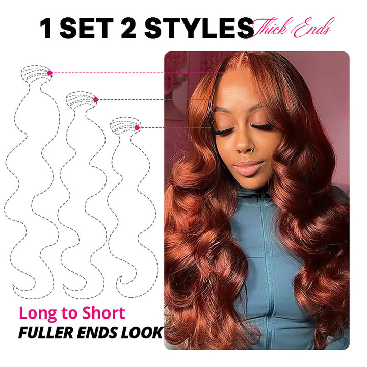 Auburn Brown Body Wave Human Hair 3 Bundles with 2x6 Lace Closure #33 Reddish Brown Bundles with Closure - AlloveHair
