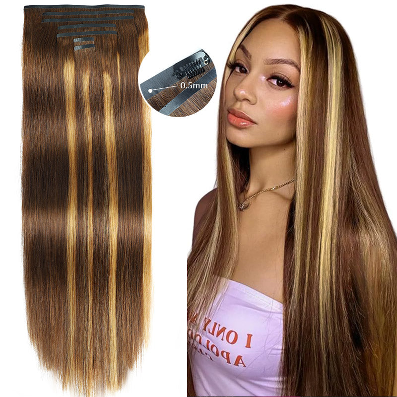 [Final Price - No Code Needed] P4/27 Highlight Brown Seamless PU Clip in Hair Extensions Silky Straight Human Hair Pieces 9Pcs / 7Pcs - AlloveHair