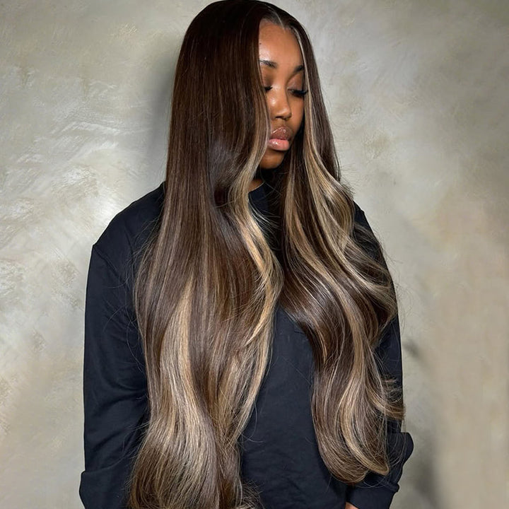 200% Density Brown Highlights Blonde Body Wave Wig 13x4 13x6 HD Lace Front Wigs Pre-Plucked 30 Inch Long Wigs - AlloveHair