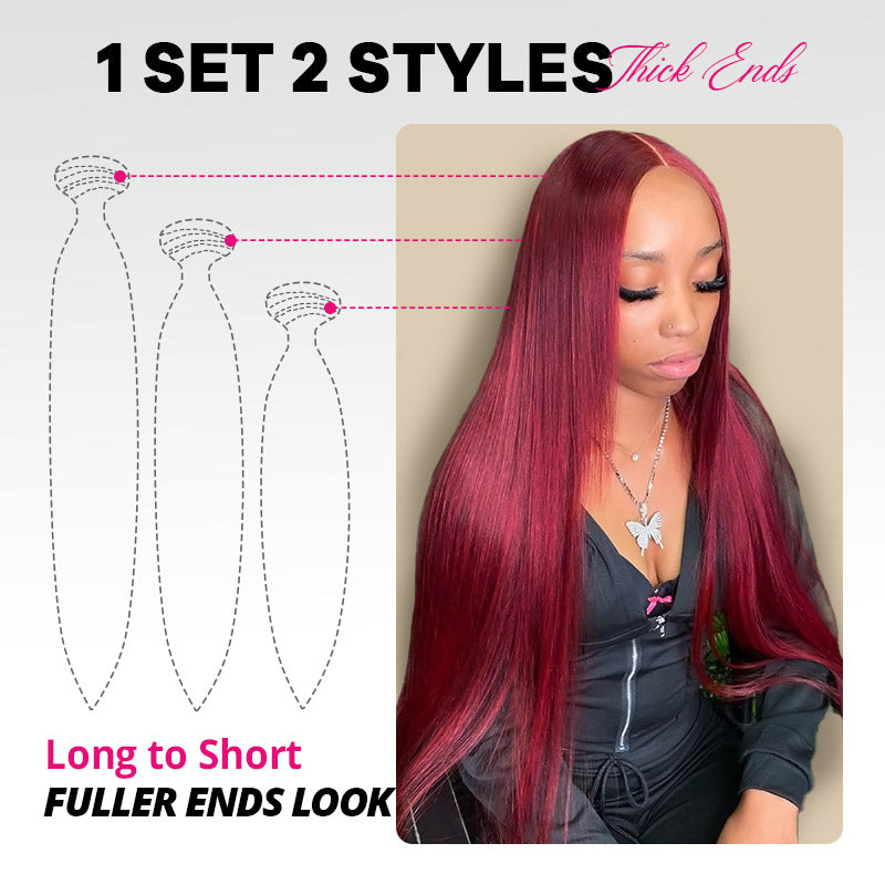 99J Straight Hair Bundles With 2x6 Lace Closure Burgundy Red Colored Human Hair Weave for Sew In - AlloveHair