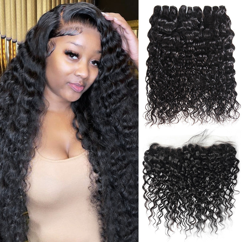 Indian Water Wave 3 Bundles with 13*4 Lace Frontal Closure Human Hair - AlloveHair