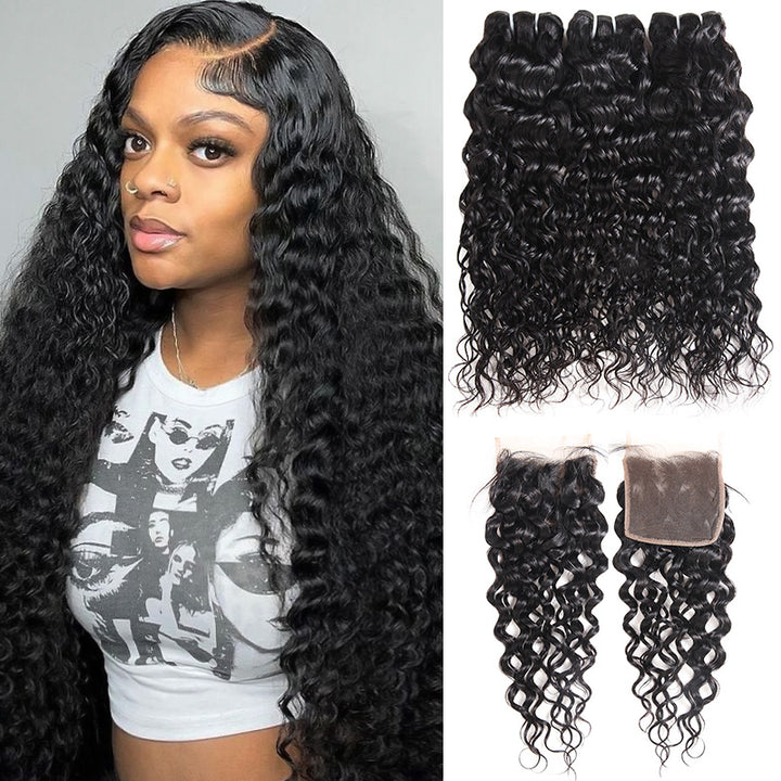 Brazilian Water Wave 3 Bundles with Transparent 4*4 Lace Closure With Baby Hair - AlloveHair