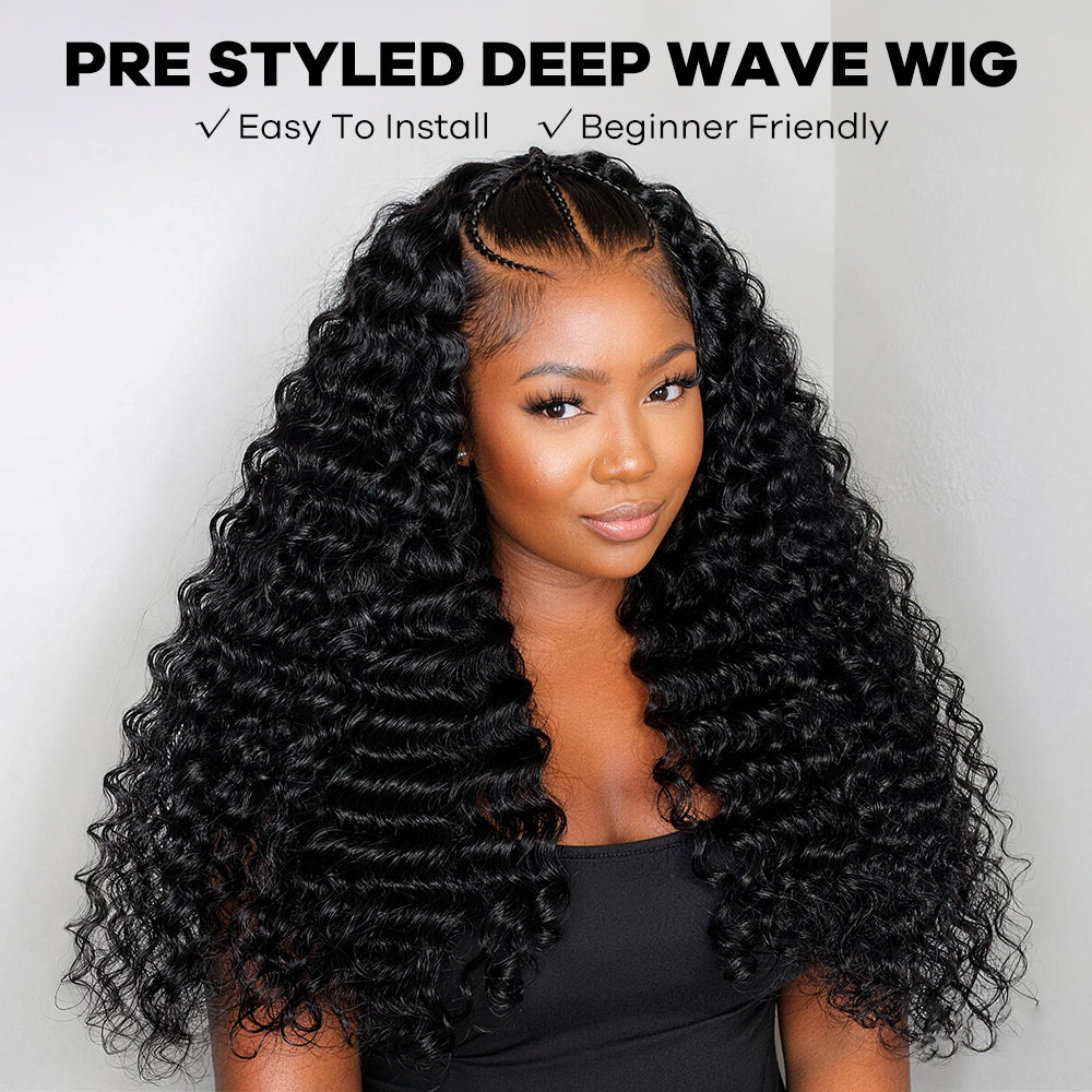 250% Density Pre Braided Deep Wave Wig 13x4 13x6 Full HD Lace Frontal Wig With Pre Bleached Knots Glueless Wigs - AlloveHair
