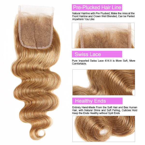 #27 Honey Blonde Color Body Wave 3 Bundles With 4x4 Lace Closure Human Hair Extensions
